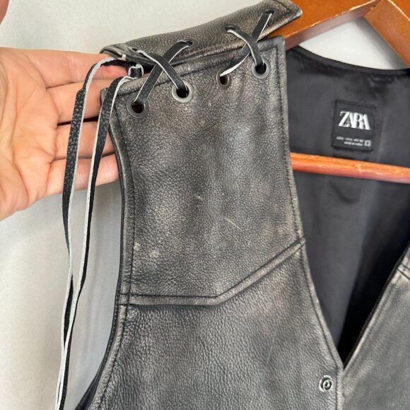 ZARA Vintage Effect Distressed Gray Pebbled Genuine 100% Leather Vest Size Large - Picture 4 of 17